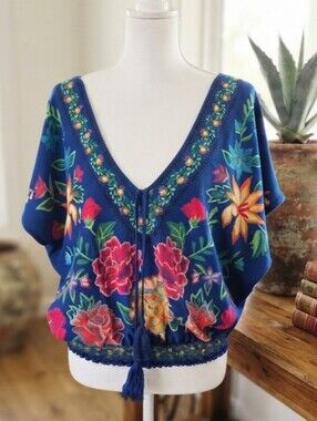 Flying Tomato Blue Floral Boho Peasant Blouse Dolman Sleeves Festival Smocked